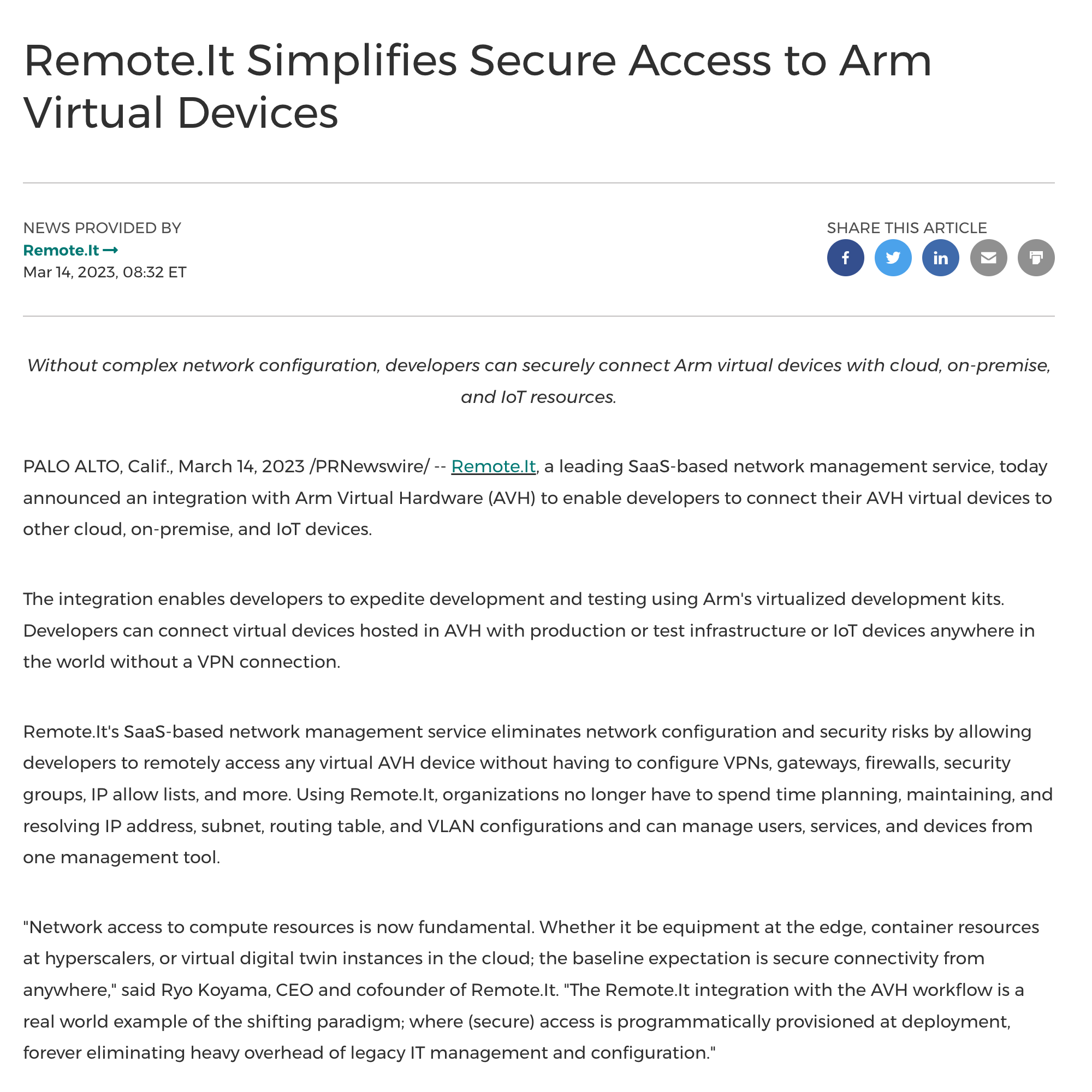 Remote.ItがArm Virtual Hardware（AVH）との統合を発表、開発者はAVHデバイスを他のクラウド、オンプレミス、IoTデバイスに接続可能