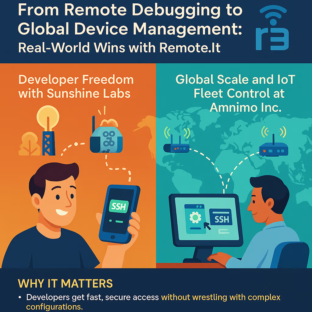 2つの会社、数千のデバイス、複雑さゼロ。Remote.ItがVPN、ポート転送、IPの頭痛の種を排除し、セキュアなIoTアクセスを実現する方法をご覧ください。