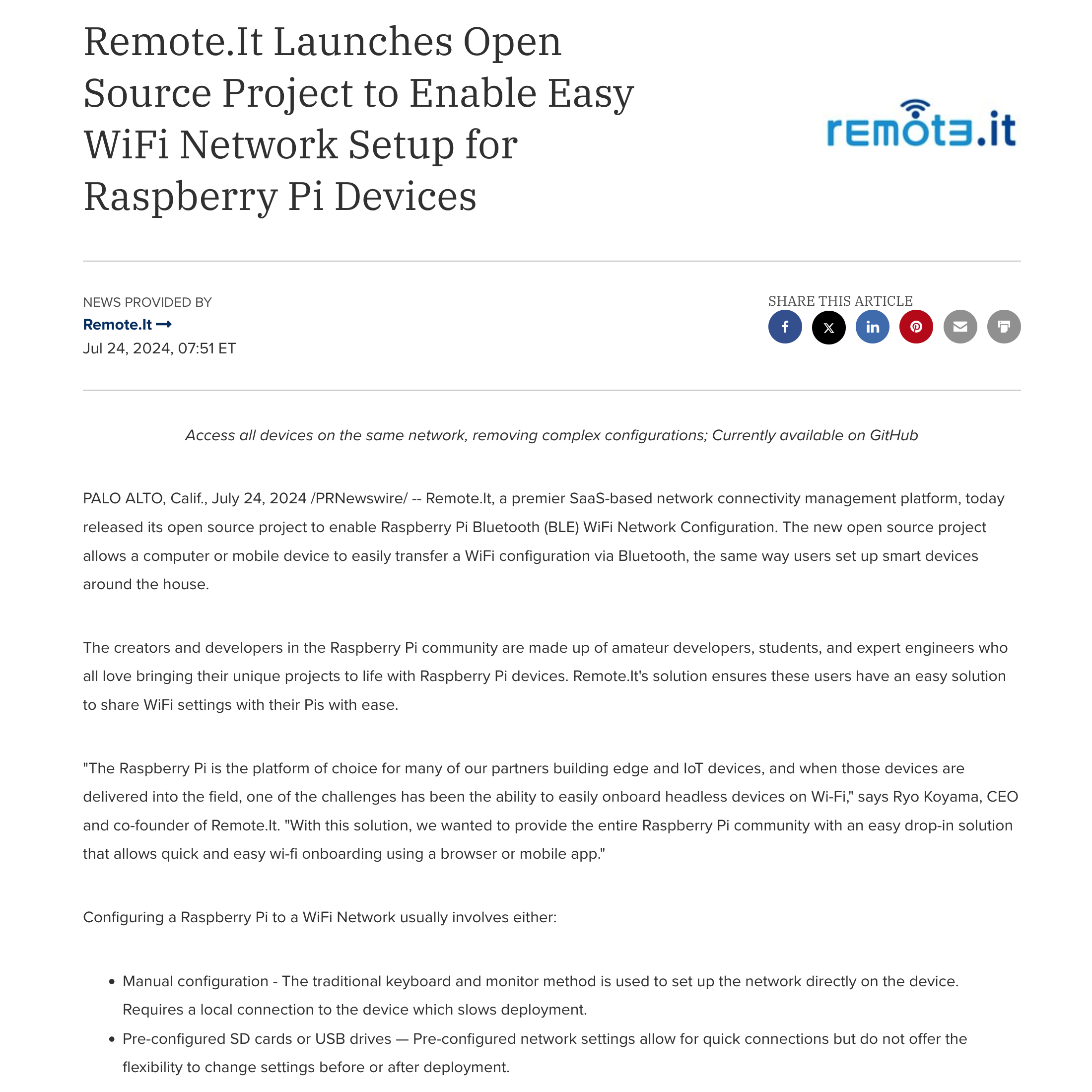 Remote.It、オープンソースプロジェクト「Raspberry Pi Bluetooth WiFiネットワーク設定」をリリース
