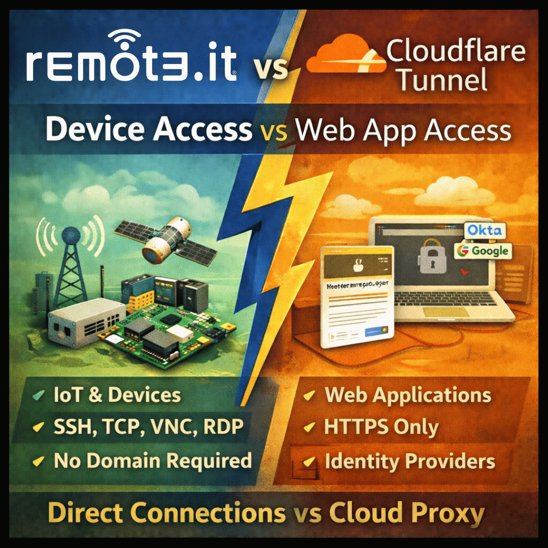 remote.itとCloudflare Tunnelを比較し、デバイスレベルのアクセスとWebアプリ・トンネリングの違いを理解しましょう。SSHやIoT接続からIDベースのHTTPアクセスまで、機能、プロトコル、価格体系をわかりやすく解説し、お客様のユースケースに最適なソリューションを見つけましょう。