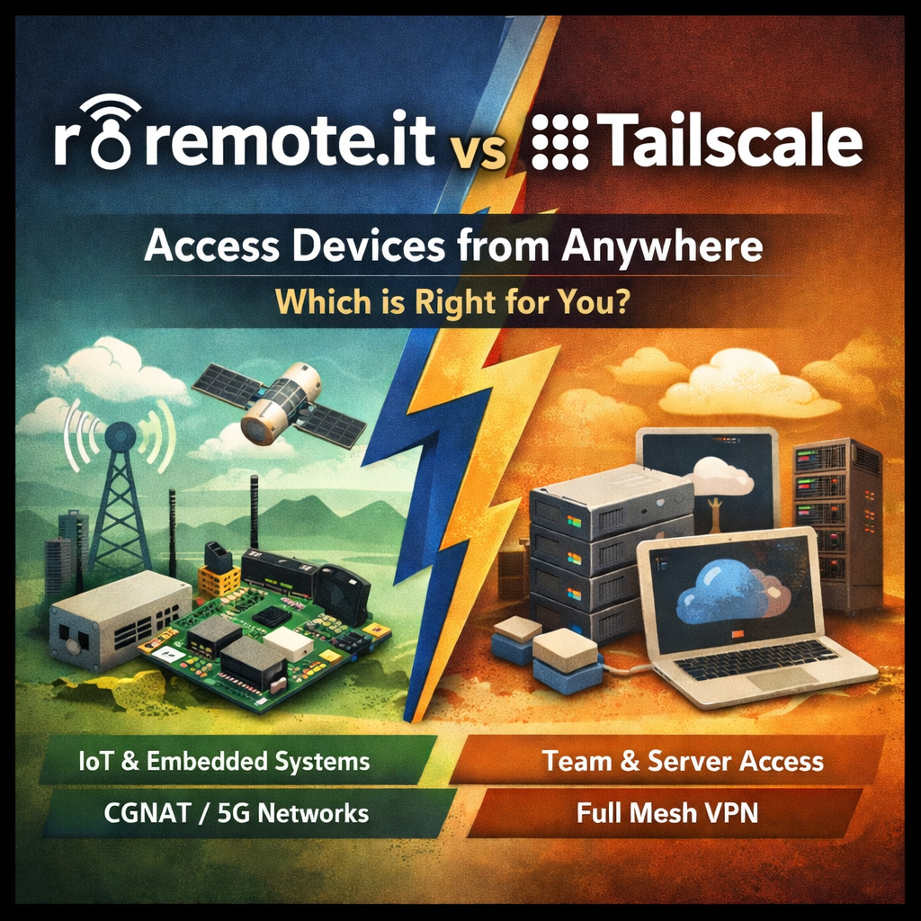 remote.itとTailscaleを比較し、最適なリモートアクセスソリューションを選びましょう。各サービスのIoTデバイス、CGNATネットワーク、チームインフラへの対応状況に加え、機能、価格、実際の活用事例をわかりやすく解説しています。
