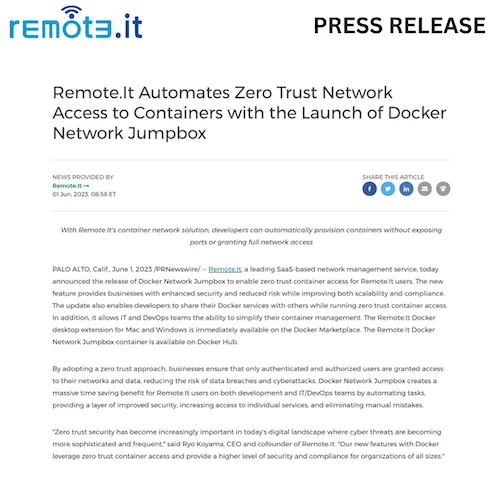 Remote.Itのコンテナネットワークソリューションにより、開発者はポートの公開やネットワークへのフルアクセスを許可することなく、コンテナを自動的にプロビジョニングできます。
